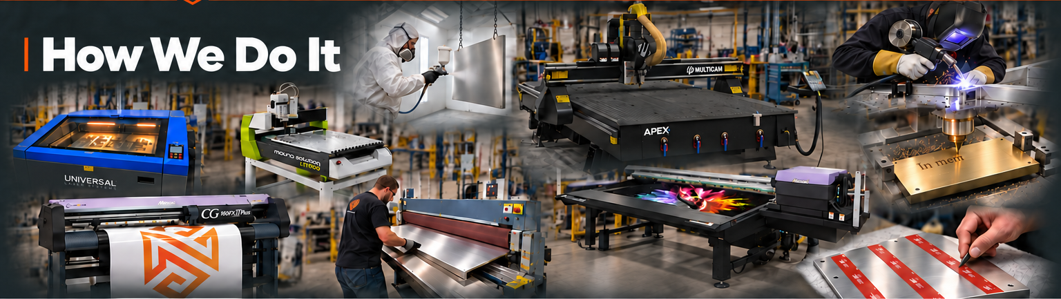 Our equipment and fabrication processes: painting, routing, laser cutting, engraving, MIG welding, flatbed printing, vinyl cutting, metal finishing and vertical VHB tape application.